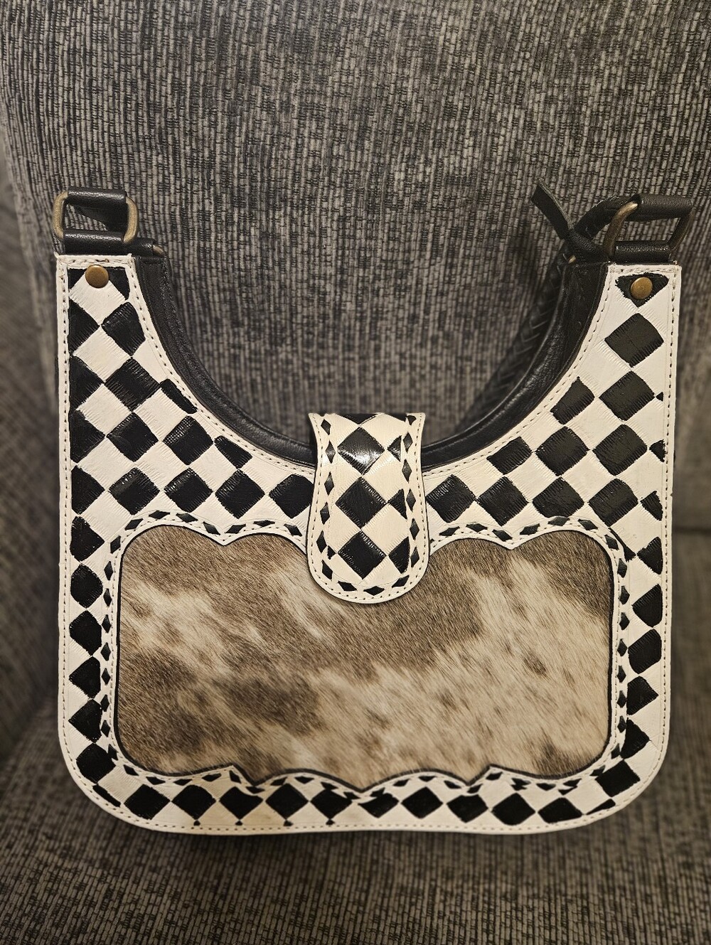 Black & White Check Leather Shoulder Bag with Natural Hide Panel | Western Tote